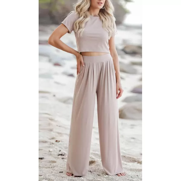 CHARTOU Women's Summer Casual 2 Piece Set Outfits Crop Top T Shirt Wide Leg Beach Pants Palazzo