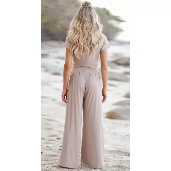 CHARTOU Women's Summer Casual 2 Piece Set Outfits Crop Top T Shirt Wide Leg Beach Pants Palazzo