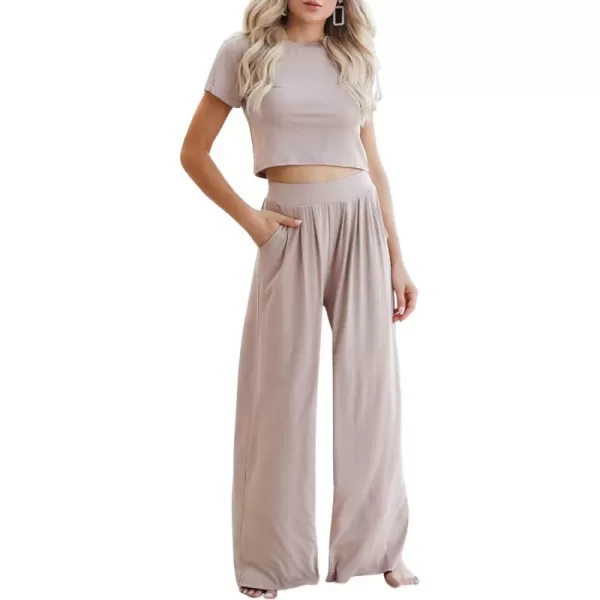 CHARTOU Women's Summer Casual 2 Piece Set Outfits Crop Top T Shirt Wide Leg Beach Pants Palazzo