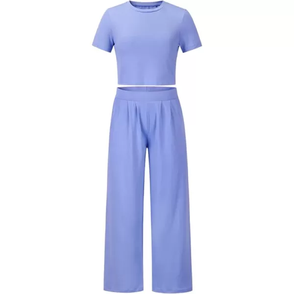 CHARTOU Women's Summer Casual 2 Piece Set Outfits Crop Top T Shirt Wide Leg Beach Pants Palazzo