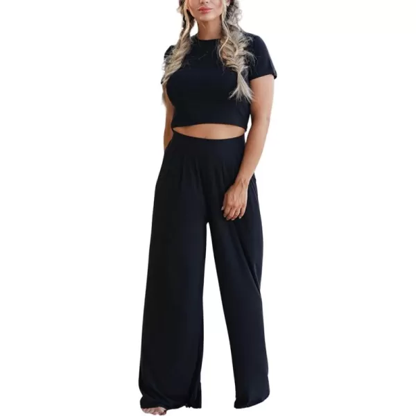 CHARTOU Women's Summer Casual 2 Piece Set Outfits Crop Top T Shirt Wide Leg Beach Pants Palazzo