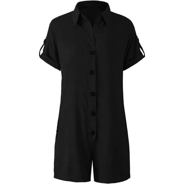 CHARTOU Women's Summer Cotton linen Deep V Neck Short Romper 3 Button Beach Jumpsuit Overalls