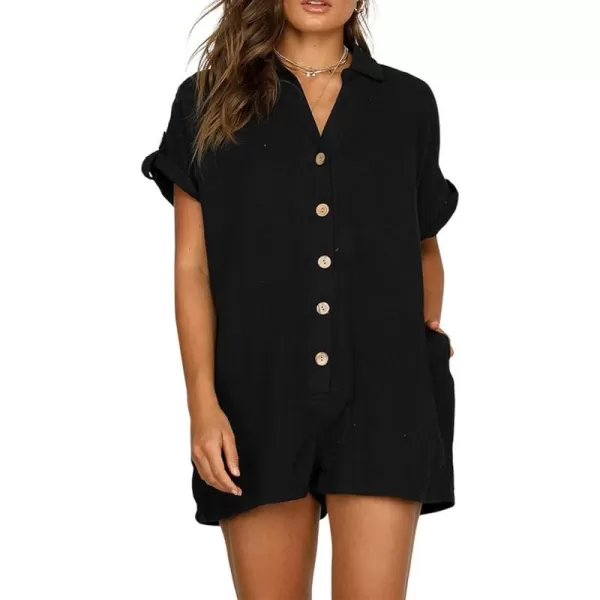 CHARTOU Women's Summer Cotton linen Deep V Neck Short Romper 3 Button Beach Jumpsuit Overalls