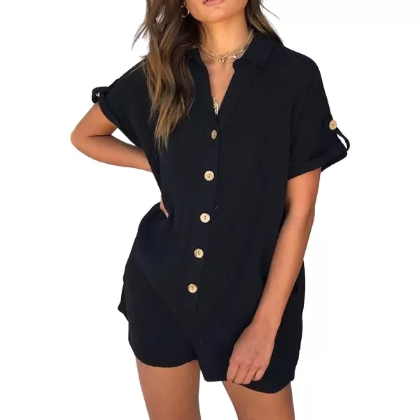CHARTOU Women's Summer Cotton linen Deep V Neck Short Romper 3 Button Beach Jumpsuit Overalls