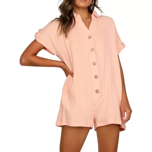 CHARTOU Women's Summer Cotton linen Deep V Neck Short Romper 3 Button Beach Jumpsuit Overalls