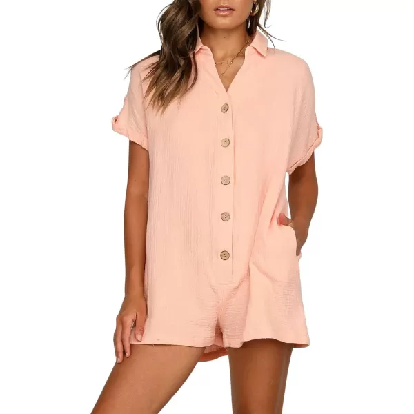 CHARTOU Women's Summer Cotton linen Deep V Neck Short Romper 3 Button Beach Jumpsuit Overalls