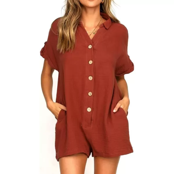 CHARTOU Women's Summer Cotton linen Deep V Neck Short Romper 3 Button Beach Jumpsuit Overalls