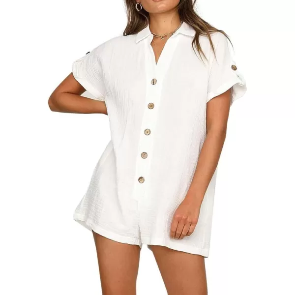 CHARTOU Women's Summer Cotton linen Deep V Neck Short Romper 3 Button Beach Jumpsuit Overalls