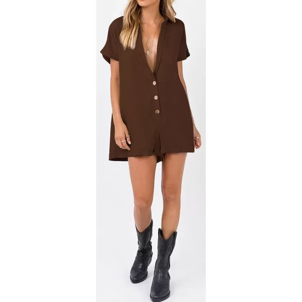 CHARTOU Women's Summer Cotton linen Deep V Neck Short Romper 3 Button Beach Jumpsuit Overalls