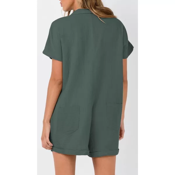 CHARTOU Women's Summer Cotton linen Deep V Neck Short Romper 3 Button Beach Jumpsuit Overalls