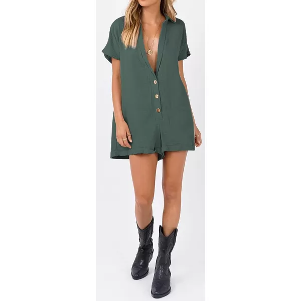 CHARTOU Women's Summer Cotton linen Deep V Neck Short Romper 3 Button Beach Jumpsuit Overalls