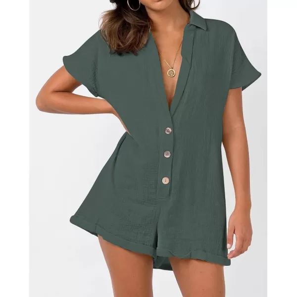CHARTOU Women's Summer Cotton linen Deep V Neck Short Romper 3 Button Beach Jumpsuit Overalls