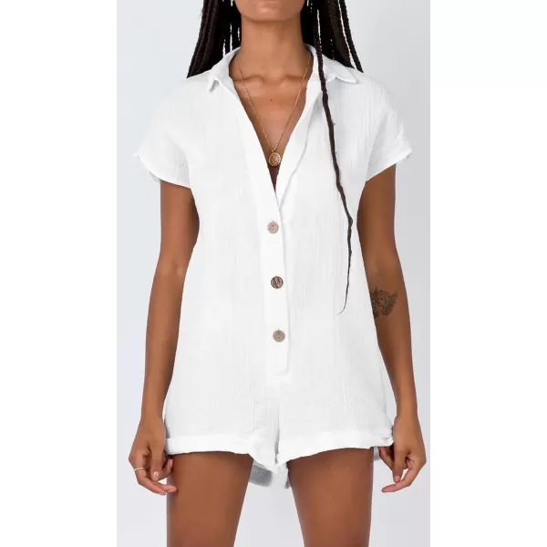 CHARTOU Women's Summer Cotton linen Deep V Neck Short Romper 3 Button Beach Jumpsuit Overalls