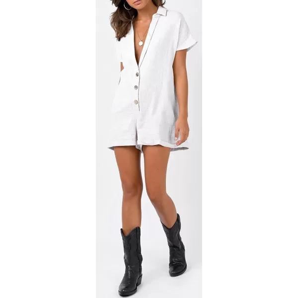 CHARTOU Women's Summer Cotton linen Deep V Neck Short Romper 3 Button Beach Jumpsuit Overalls