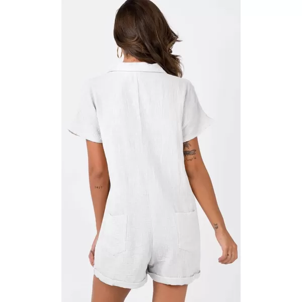 CHARTOU Women's Summer Cotton linen Deep V Neck Short Romper 3 Button Beach Jumpsuit Overalls