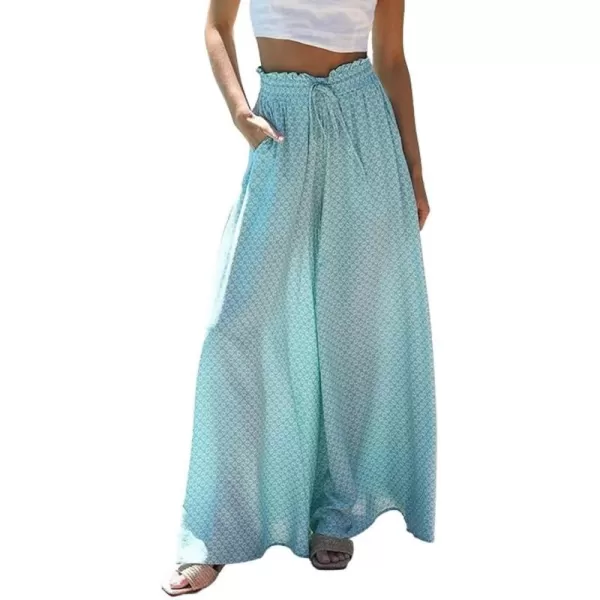 CHARTOU Women's Summer Drawstring High Waist Floral Print Flowy Palazzo Beach Pants