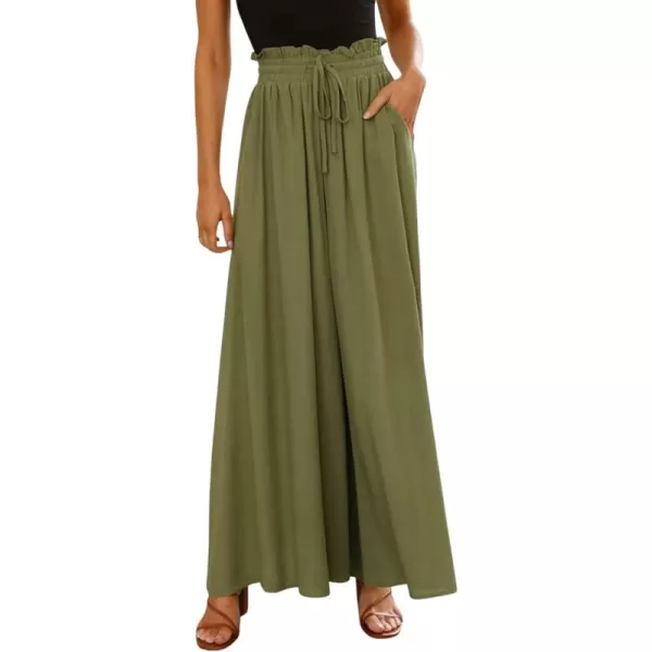 CHARTOU Women's Summer Elastic Waist Ruffle Wide Leg Pants Beach Palazzo Flowy Pants with Drawstring