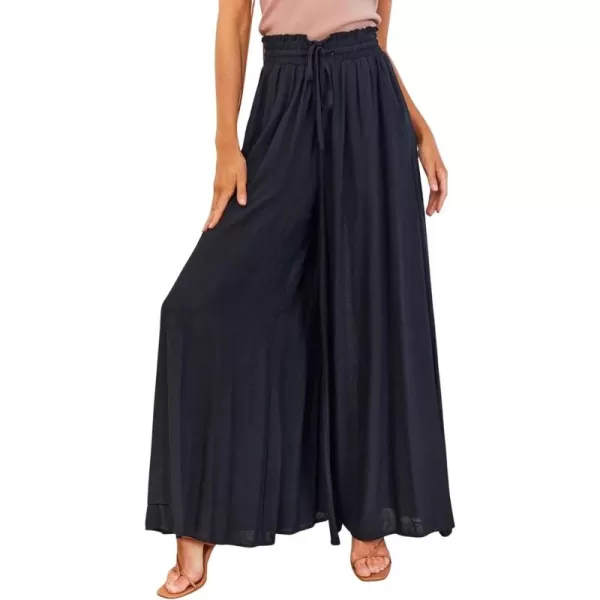 CHARTOU Women's Summer Elastic Waist Ruffle Wide Leg Pants Beach Palazzo Flowy Pants with Drawstring