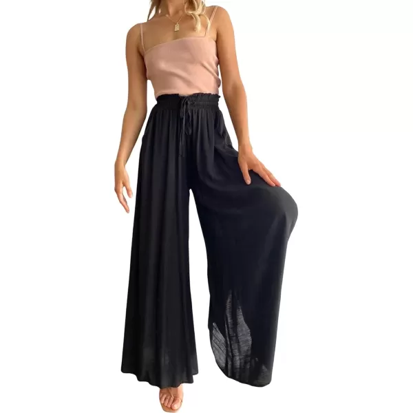 CHARTOU Women's Summer Elastic Waist Ruffle Wide Leg Pants Beach Palazzo Flowy Pants with Drawstring