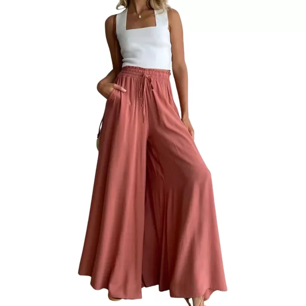 CHARTOU Women's Summer Elastic Waist Ruffle Wide Leg Pants Beach Palazzo Flowy Pants with Drawstring