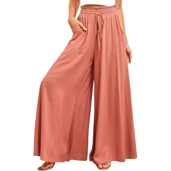 CHARTOU Women's Summer Elastic Waist Ruffle Wide Leg Pants Beach Palazzo Flowy Pants with Drawstring