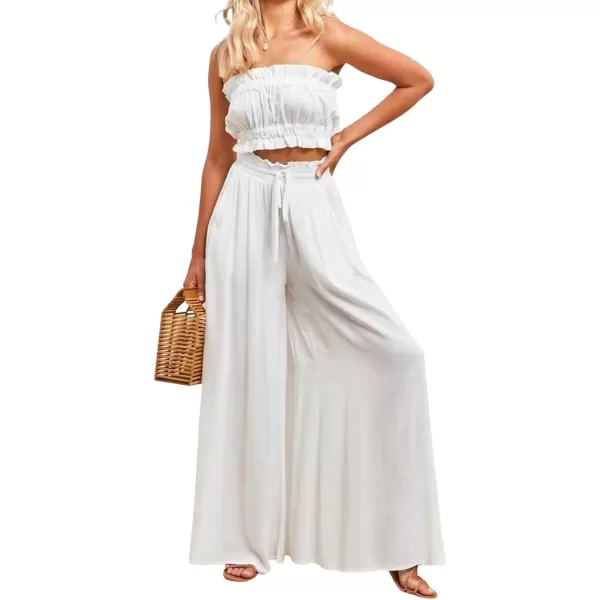 CHARTOU Women's Summer Elastic Waist Ruffle Wide Leg Pants Beach Palazzo Flowy Pants with Drawstring