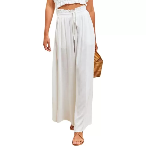 CHARTOU Women's Summer Elastic Waist Ruffle Wide Leg Pants Beach Palazzo Flowy Pants with Drawstring