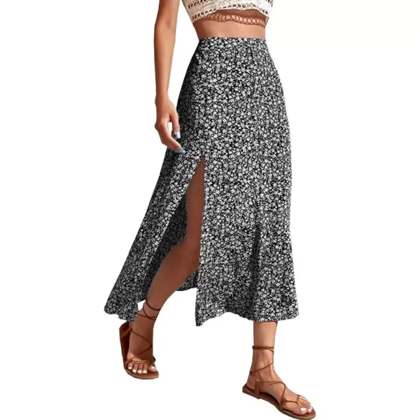 CHARTOU Women's Summer High Waist Floral Print Side Slit Midi Long Beach Boho Skirt