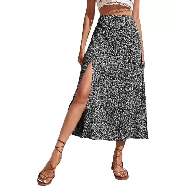 CHARTOU Women's Summer High Waist Floral Print Side Slit Midi Long Beach Boho Skirt
