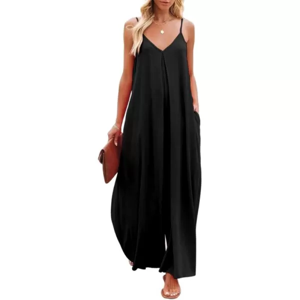 CHARTOU Women's Summer Jumpsuit Spaghetti Straps Wide-Leg Back Self-Tie Overall Rompers with Pockets