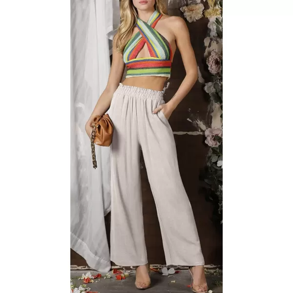 CHARTOU Women's Summer Lightweight Elastic Waist Cotton Linen Straight-Leg Loose Fit Palazzo Pants