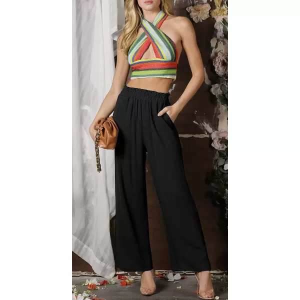 CHARTOU Women's Summer Lightweight Elastic Waist Cotton Linen Straight-Leg Loose Fit Palazzo Pants