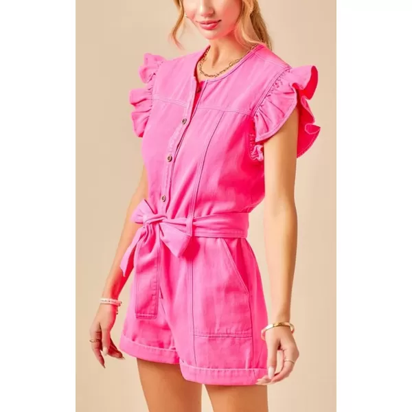 CHARTOU Women's Summer Overalls Flutter Sleeve Front Button Cuffed Denim Jumpsuits with Belt