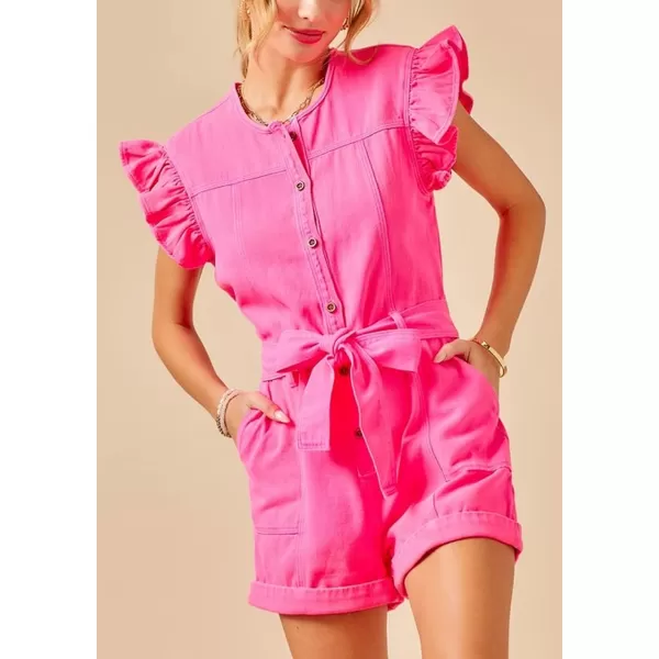 CHARTOU Women's Summer Overalls Flutter Sleeve Front Button Cuffed Denim Jumpsuits with Belt