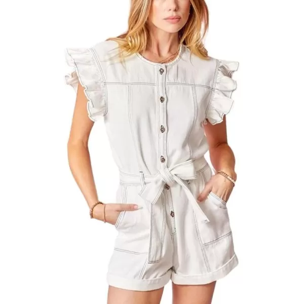 CHARTOU Women's Summer Overalls Flutter Sleeve Front Button Cuffed Denim Jumpsuits with Belt