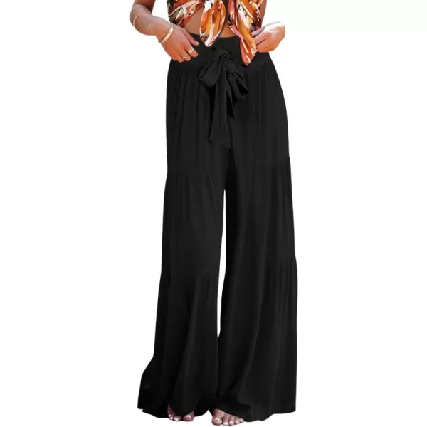 CHARTOU Women's Tie Knot High Waist Wide Leg Lounge Pants Tiered Beach Flowy Flare Pants Palazzo