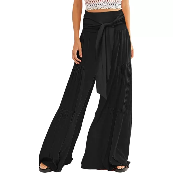 CHARTOU Women's Tie Knot High Waist Wide Leg Lounge Pants Tiered Beach Flowy Flare Pants Palazzo
