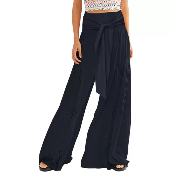 CHARTOU Women's Tie Knot High Waist Wide Leg Lounge Pants Tiered Beach Flowy Flare Pants Palazzo