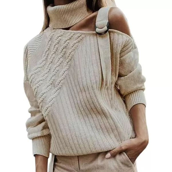 CHARTOU Women's Trendy Cold Shoulder Long Sleeves Turtleneck Knit Sweater Knitwear
