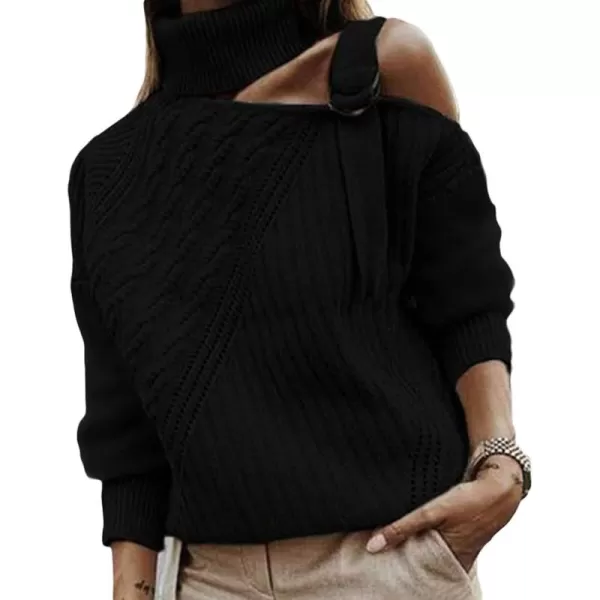 CHARTOU Women's Trendy Cold Shoulder Long Sleeves Turtleneck Knit Sweater Knitwear