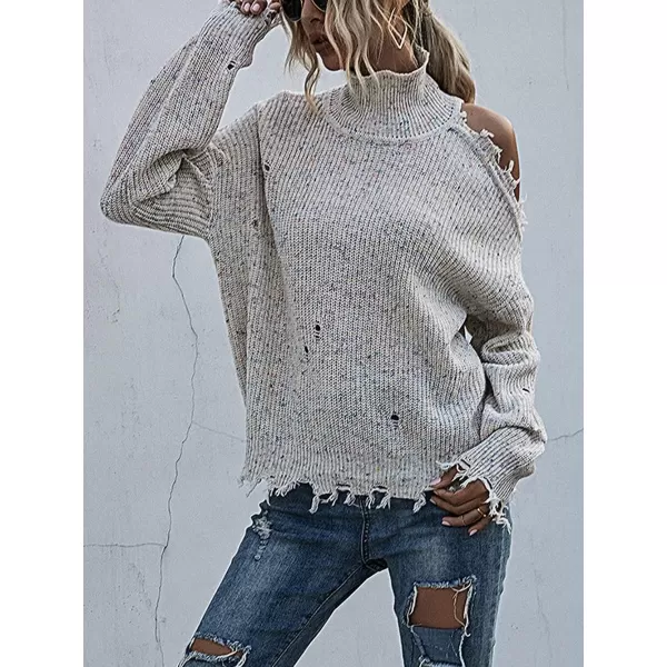 CHARTOU Women's Turtleneck Distressed Knitted Ripped Cold Shoulder Jersey Jumper Sweater