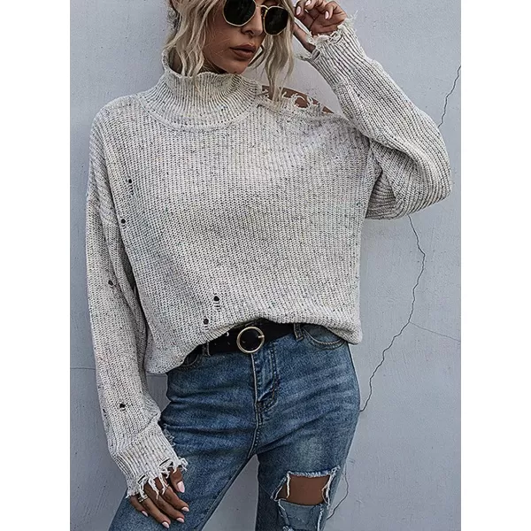 CHARTOU Women's Turtleneck Distressed Knitted Ripped Cold Shoulder Jersey Jumper Sweater