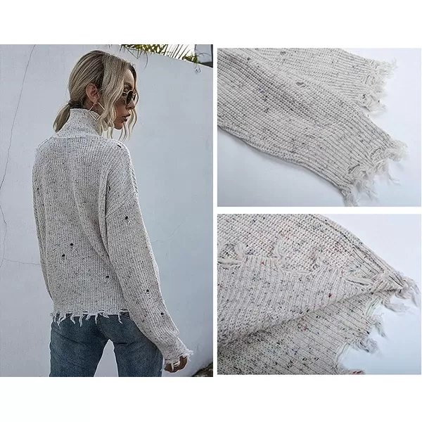 CHARTOU Women's Turtleneck Distressed Knitted Ripped Cold Shoulder Jersey Jumper Sweater
