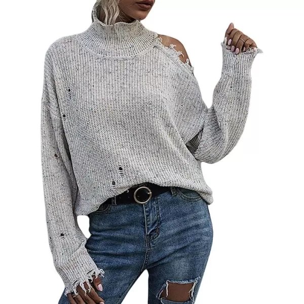 CHARTOU Women's Turtleneck Distressed Knitted Ripped Cold Shoulder Jersey Jumper Sweater