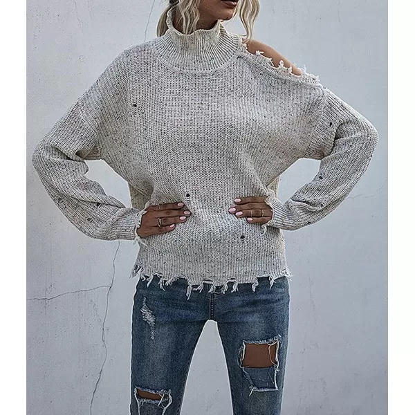CHARTOU Women's Turtleneck Distressed Knitted Ripped Cold Shoulder Jersey Jumper Sweater