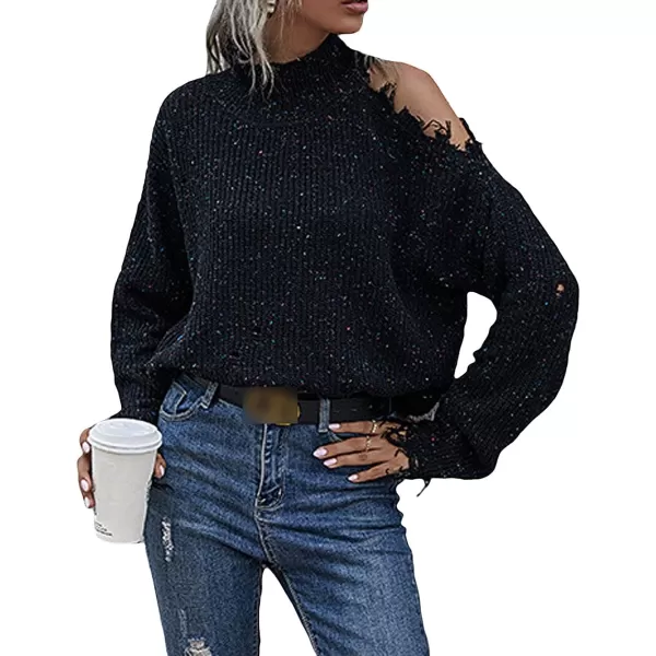 CHARTOU Women's Turtleneck Distressed Knitted Ripped Cold Shoulder Jersey Jumper Sweater