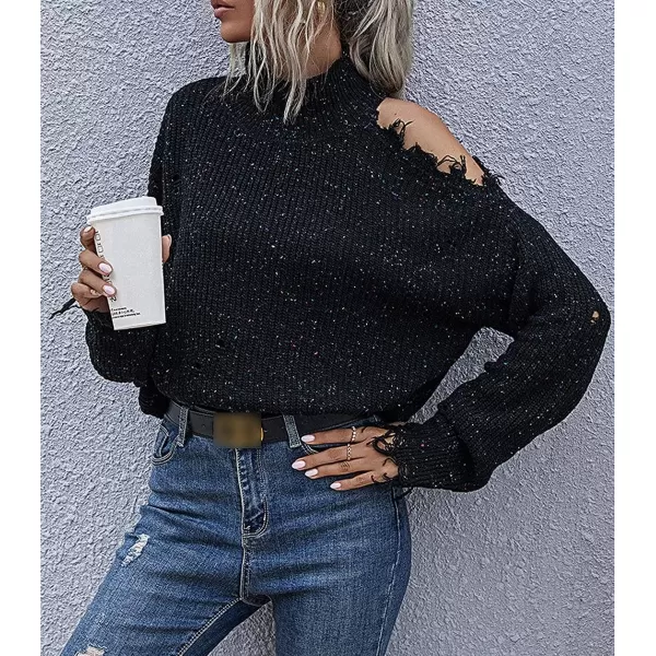 CHARTOU Women's Turtleneck Distressed Knitted Ripped Cold Shoulder Jersey Jumper Sweater
