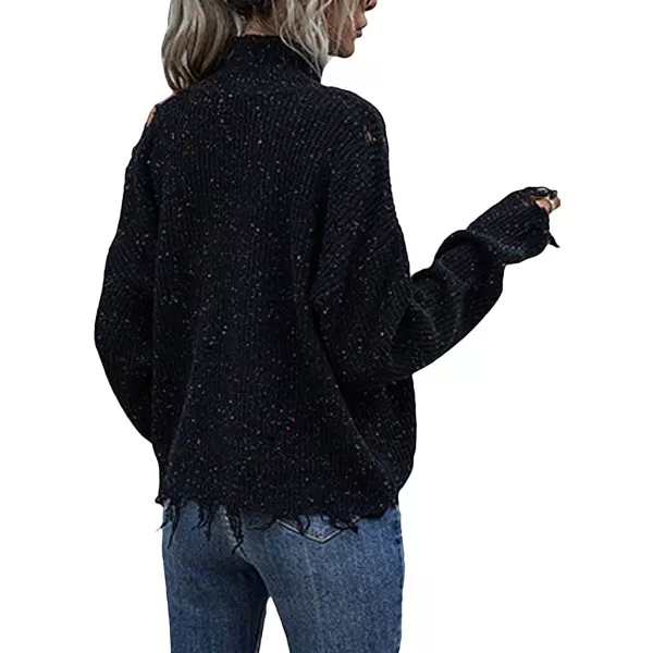 CHARTOU Women's Turtleneck Distressed Knitted Ripped Cold Shoulder Jersey Jumper Sweater