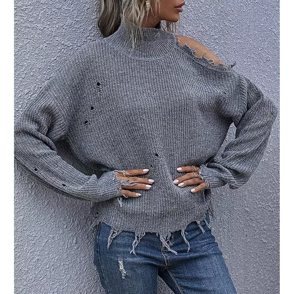 CHARTOU Women's Turtleneck Distressed Knitted Ripped Cold Shoulder Jersey Jumper Sweater