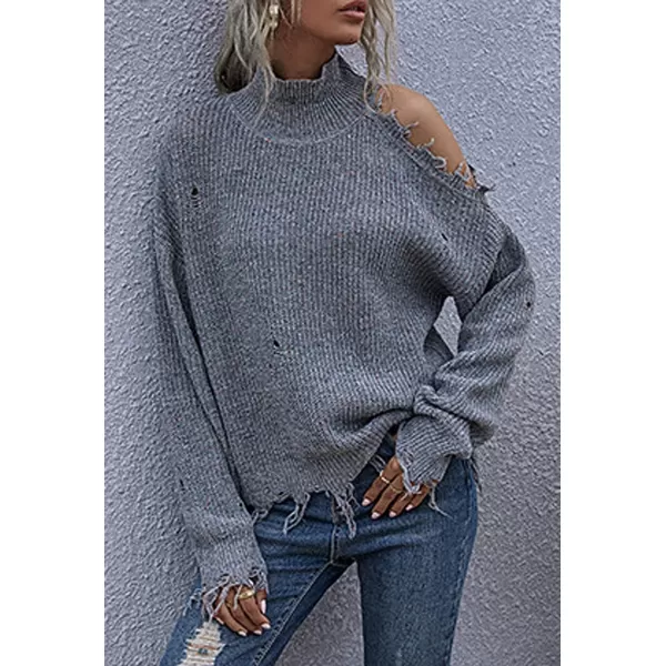 CHARTOU Women's Turtleneck Distressed Knitted Ripped Cold Shoulder Jersey Jumper Sweater